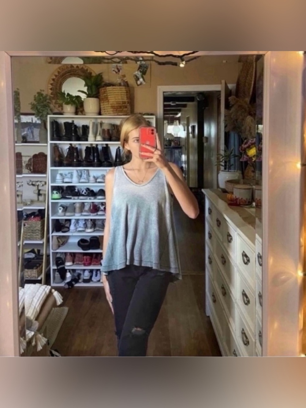 Free people waffle knot henley blue tank top in an oversized extra small